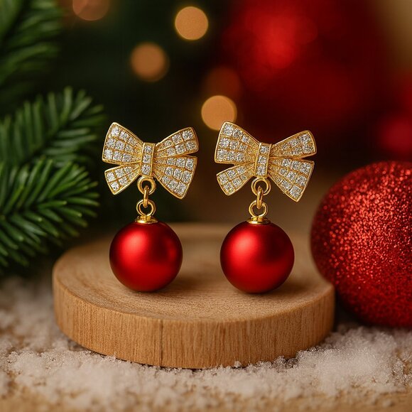 🆕️Holiday Red Ornament Bow Tie Earrings Sparkling Zircon Festive Jewelry Gift - Picture 1 of 16